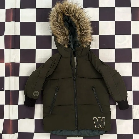 Zara Baby Kids “Wait I Wanna Play” Olive Green Puffer Winter Jacket 2T